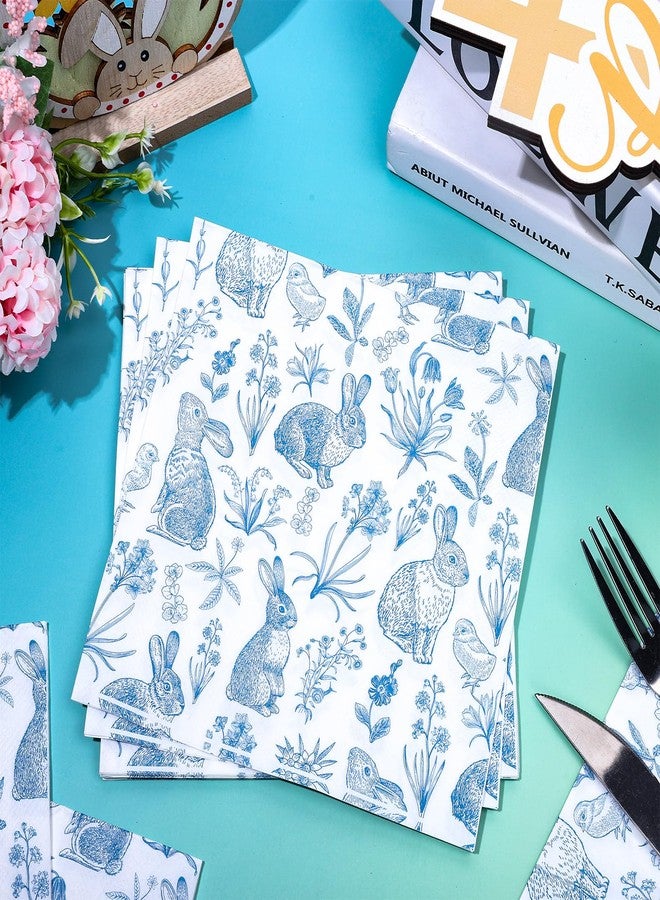 Whaline 50 Pcs Blue White Easter Paper Napkins Retro Bunny Rabbit Flower Disposable Napkins Chinoiserie Luncheon Dinner Napkins for Spring Wedding Birthday Party Table Supplies - Image 3